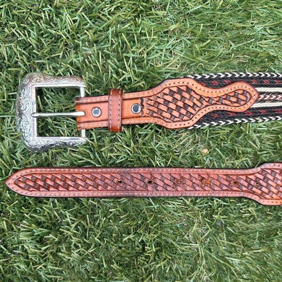 Vintage Leather Nylon Braided Chrome Buckle Cowboy Country Western Belt Sz 36 - Picture 4 of 6